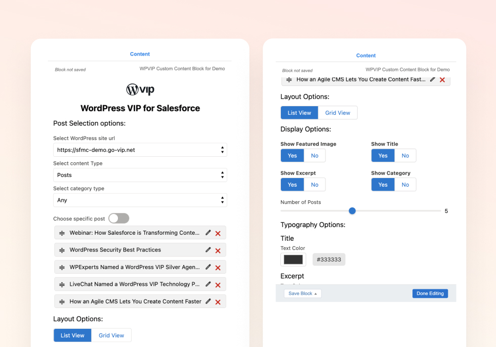 WordPress VIP content editor panels displaying integration options for customizing Salesforce content blocks.