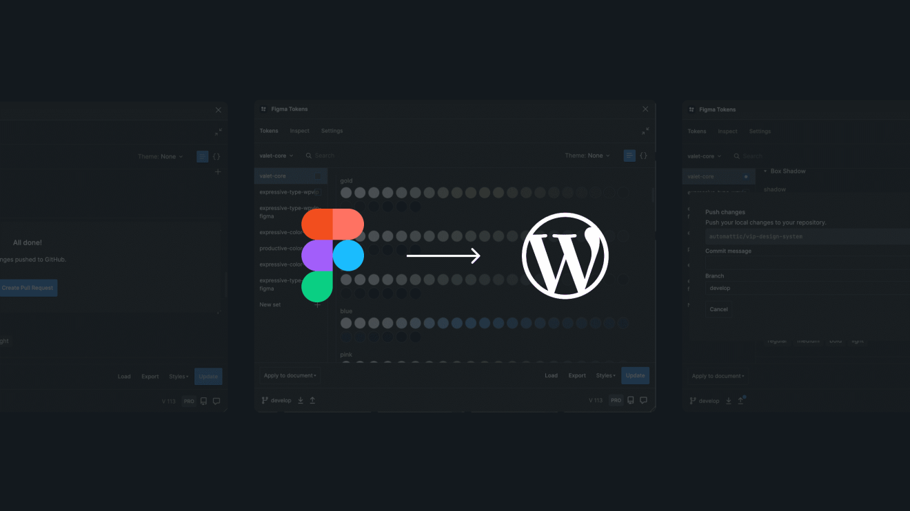 Figma logo with arrow indicating integration to WordPress logo for digital content workflow.