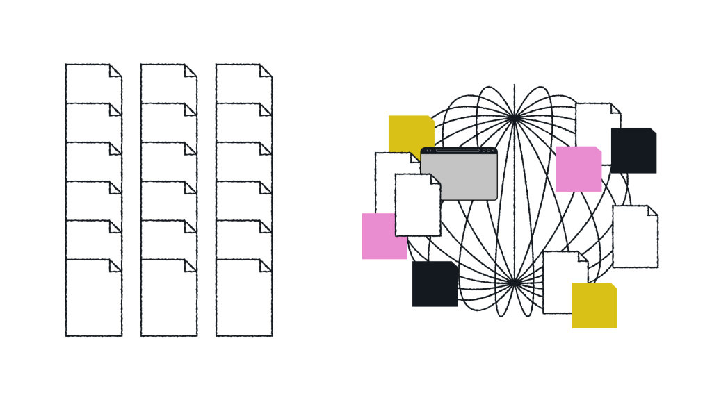 A comparative illustration showing a transformation from rigid columns of plain white document icons on the left to a colorful, interconnected network of diverse document assets and a browser window on the right.