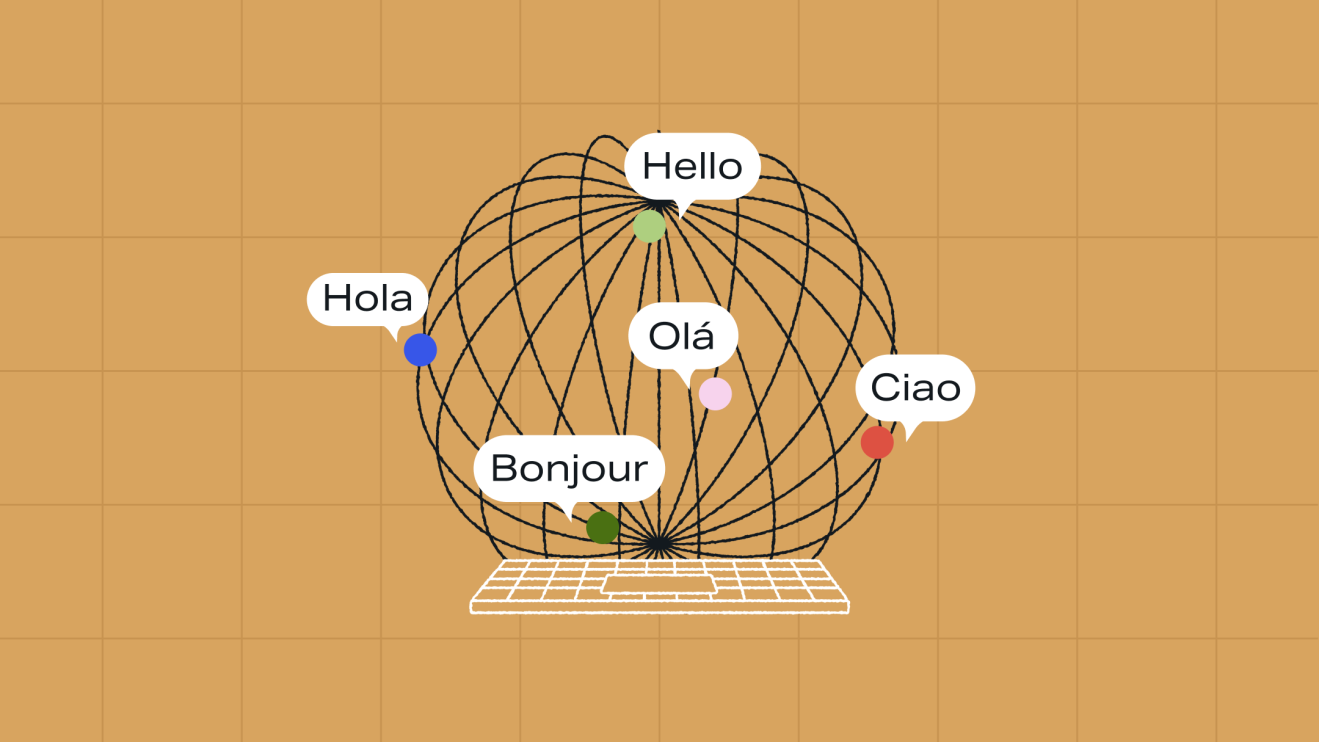 Illustration of a laptop connected to a global network with speech bubbles saying “Hello,” “Hola,” “Olá,” “Bonjour,” and “Ciao,” representing enterprise localization in a CMS for managing global, multilingual content.