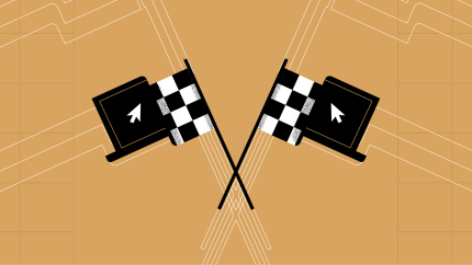 Two crossed checkered flags with laptop icons on a warm-toned background, symbolizing speed, efficiency, and competition in digital media performance. The design represents high-performing media websites and fast-loading digital experiences.