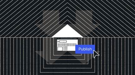Abstract lines with a webpage and a cursor clicking a blue Publish button at the center, representing a headless CMS for enterprise.