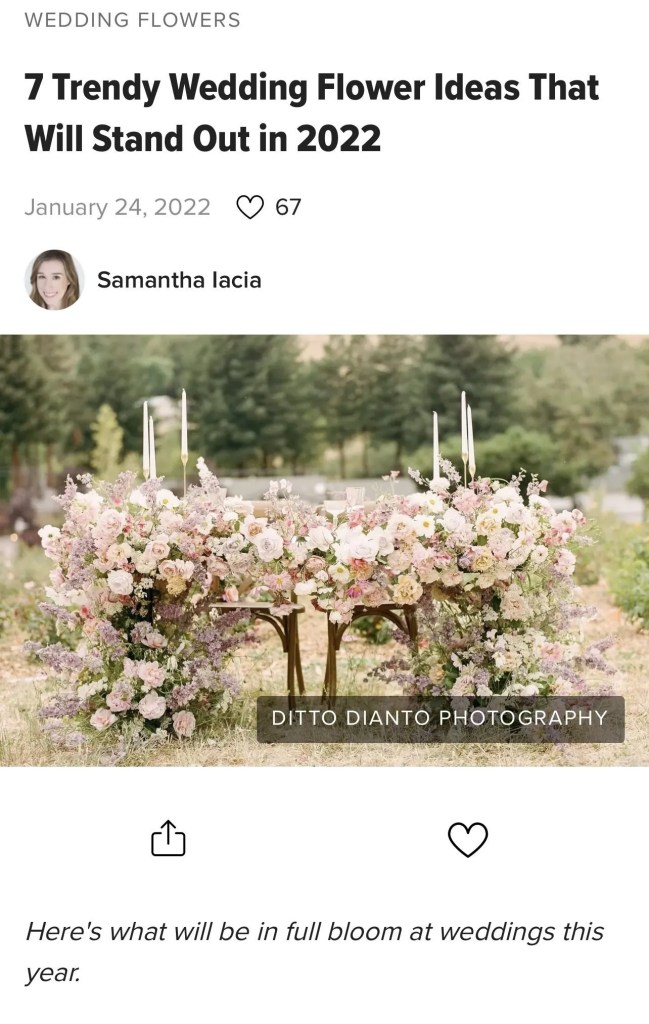 Screenshot article with title "7 trendy wedding flower ideas that will stand out in 2022" followed by a floral display