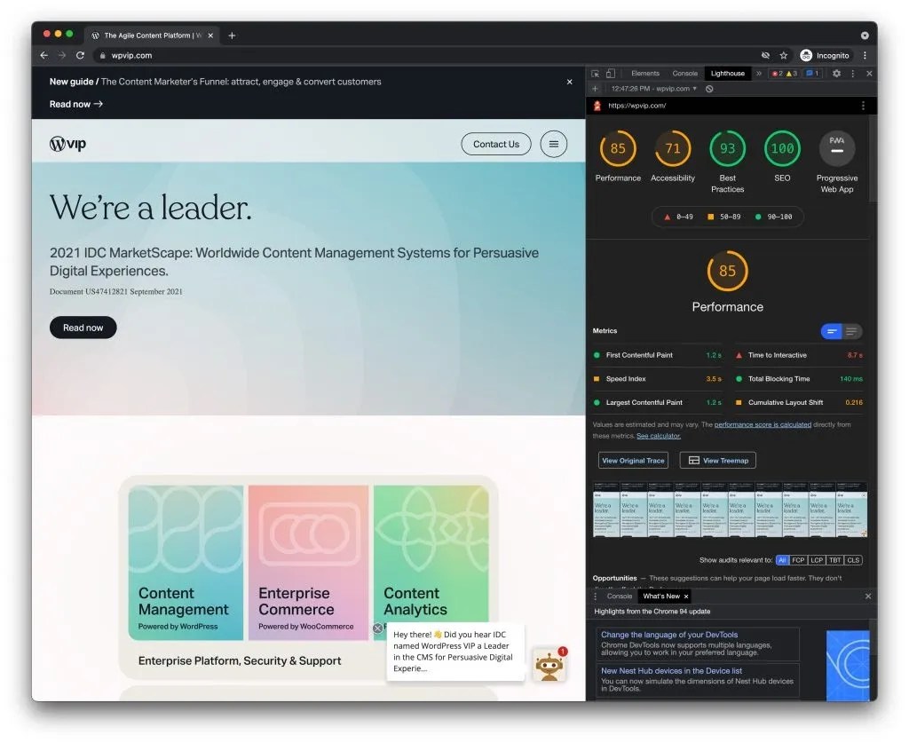 screenshot of wordpress vip homepage with the lighthouse performance metrics displayed side by side