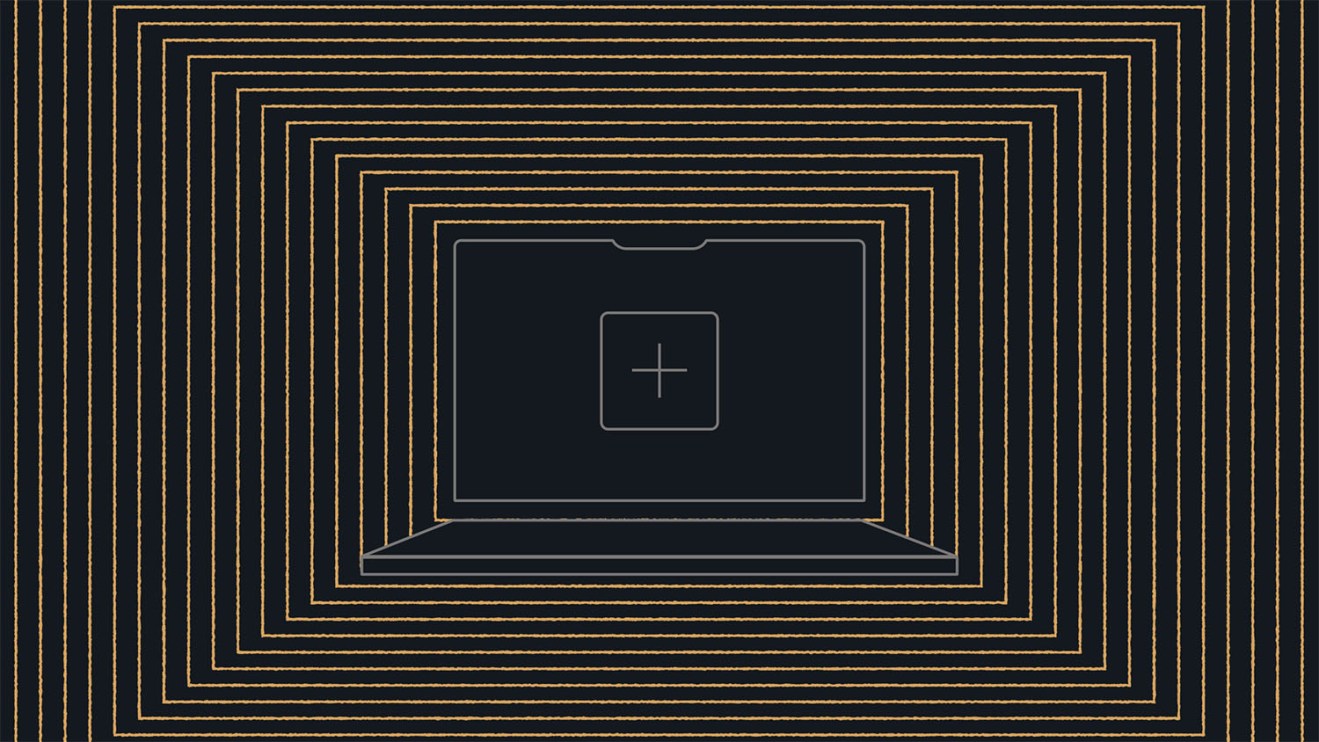 Illustration of a laptop centered within multiple nested frames on a dark background, representing enterprise multisite architecture for scalable, centralized website management across multiple sites.