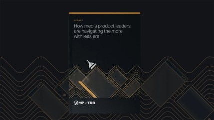 Cover of a report titled “How media product leaders are navigating the more with less era,” created by WordPress VIP in collaboration with TRB. The design features a minimal black and gold theme with a stylized sailboat navigating waves made from outlines of digital devices like smartphones, tablets, and laptops.