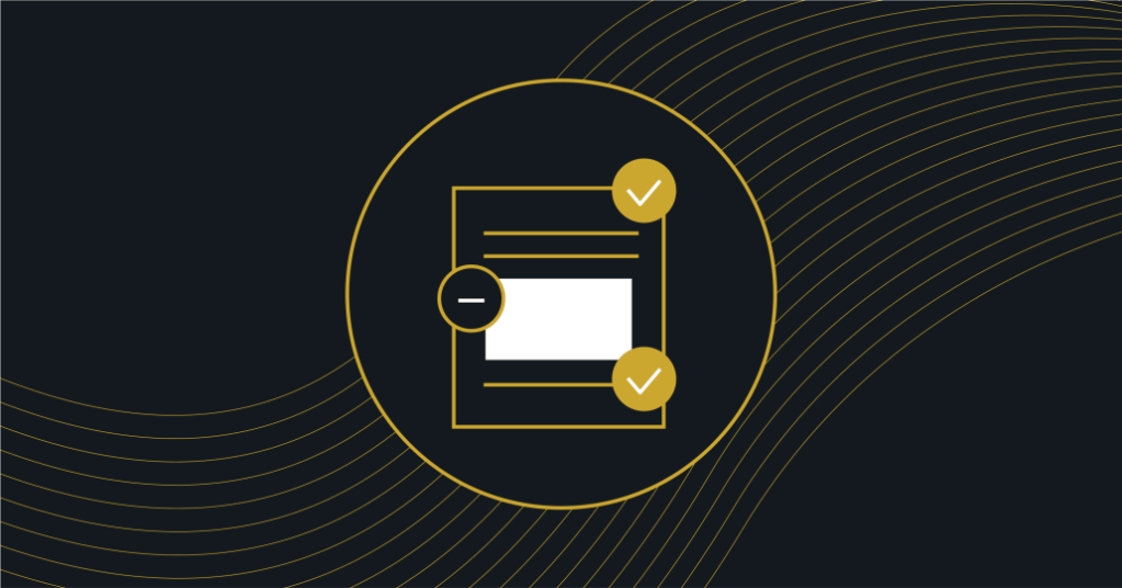 Gold-outlined document icon with checkmarks and a minus, representing digital solution workflow or governance.