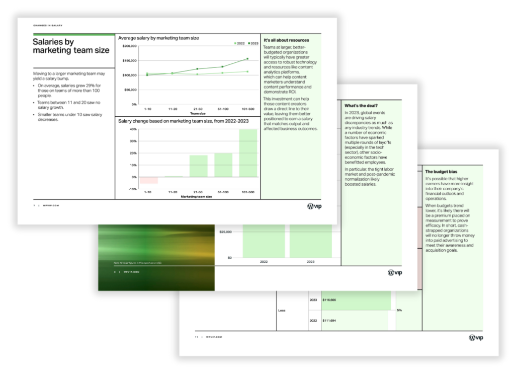 Dashboard slides showing marketing team salary and size analytics for a digital solution, 2022–2023 data.