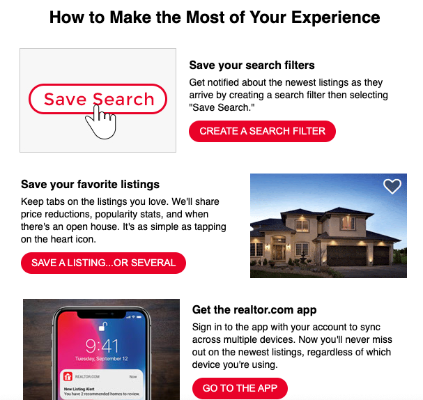 Screenshot of different steps to complete when searching for a home with text "How to make the most of your experience"