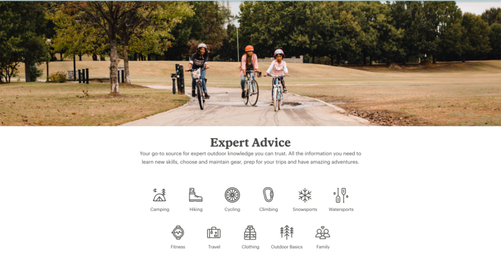 Screenshot of 3 people riding bikes, titled "Expert Advice" and icons for outdoor activities such as a tent for camping