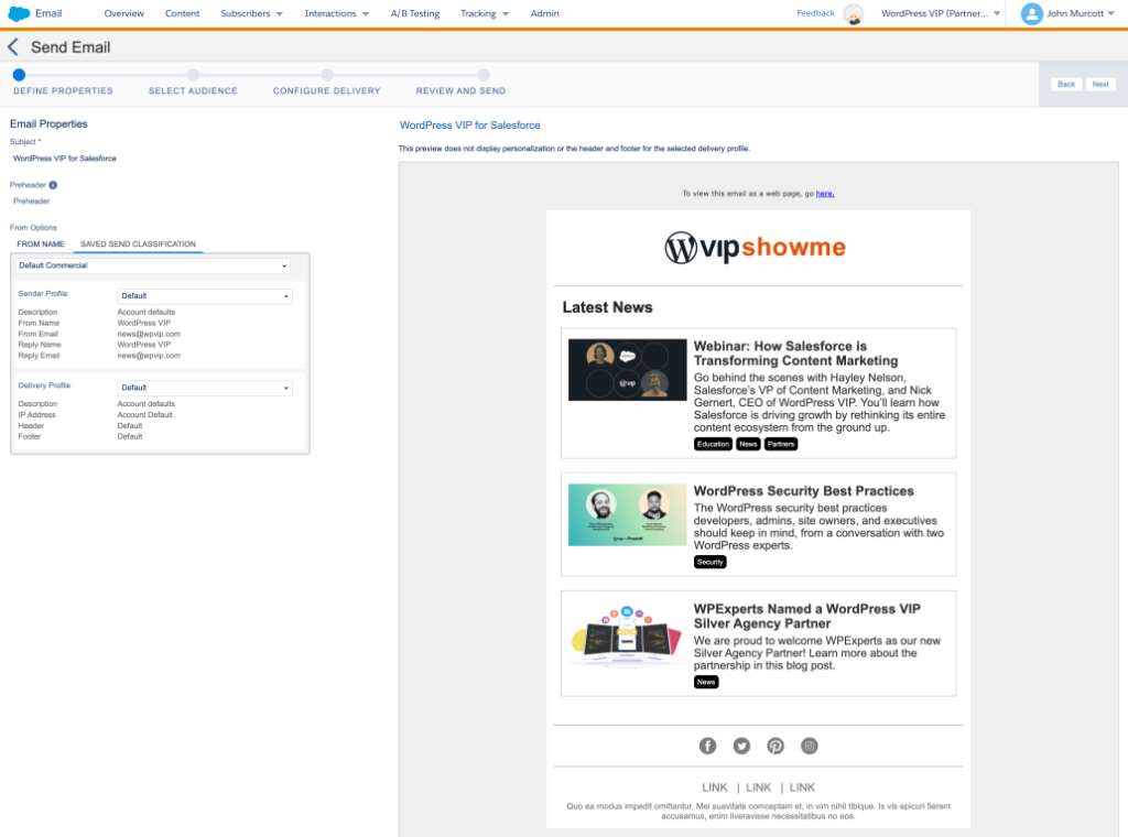 Email campaign builder in a digital solution displaying newsletter content preview and article management options.