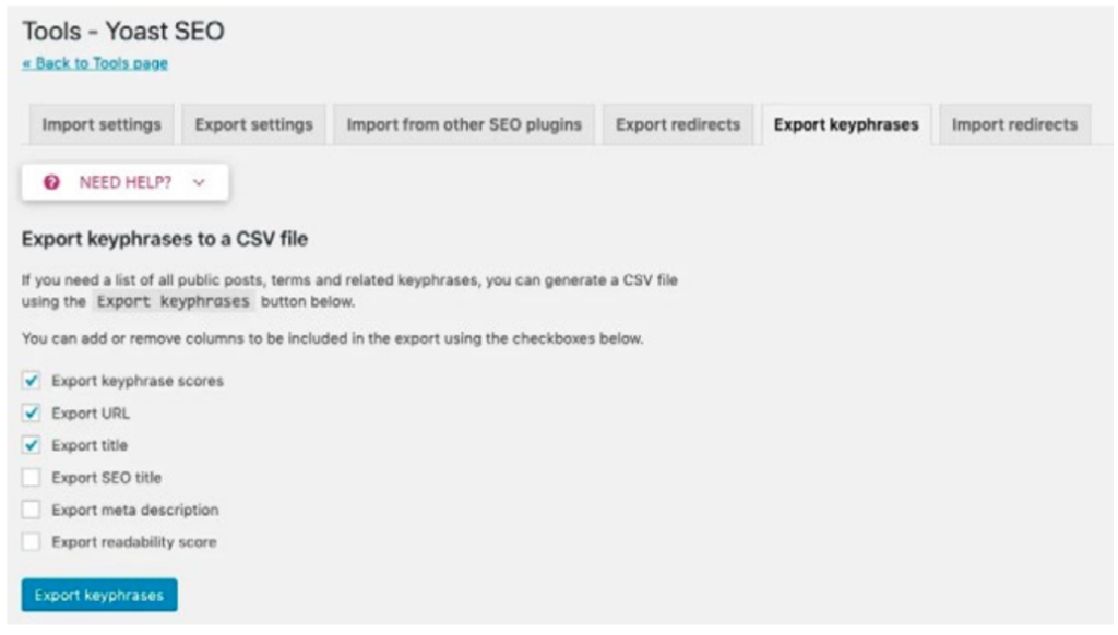 Yoast SEO dashboard for exporting keyphrase and meta data to CSV in a digital solution content workflow.