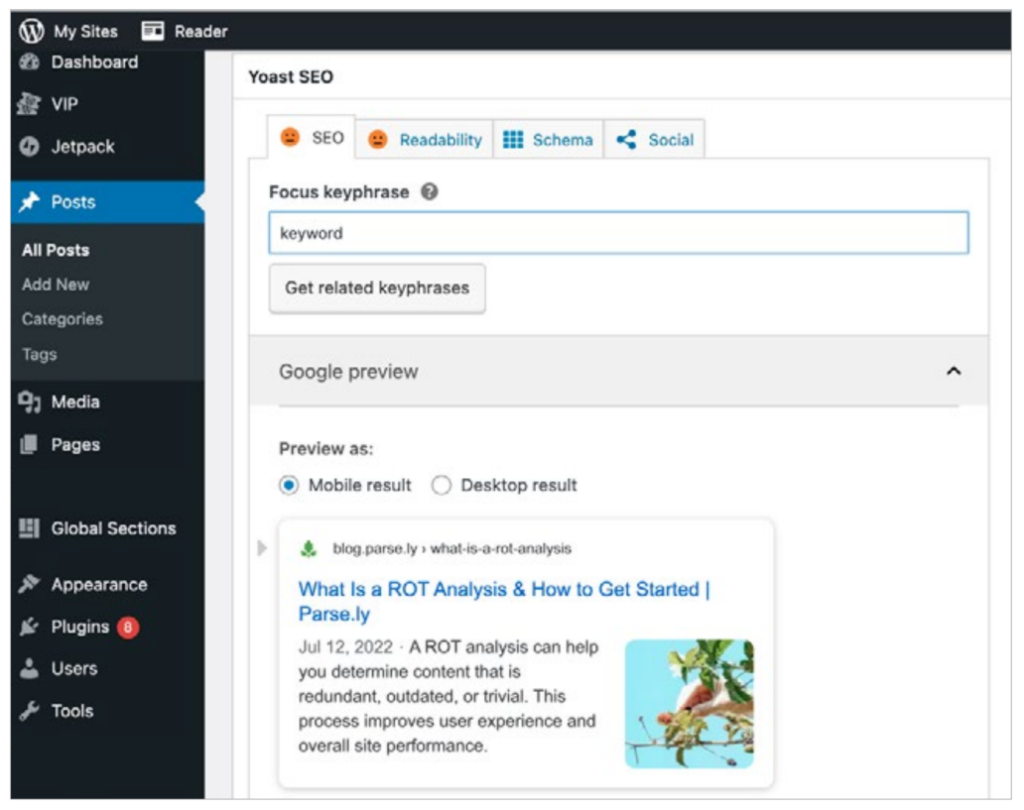 WordPress dashboard featuring Yoast SEO integration with focus keyphrase and Google search snippet preview.