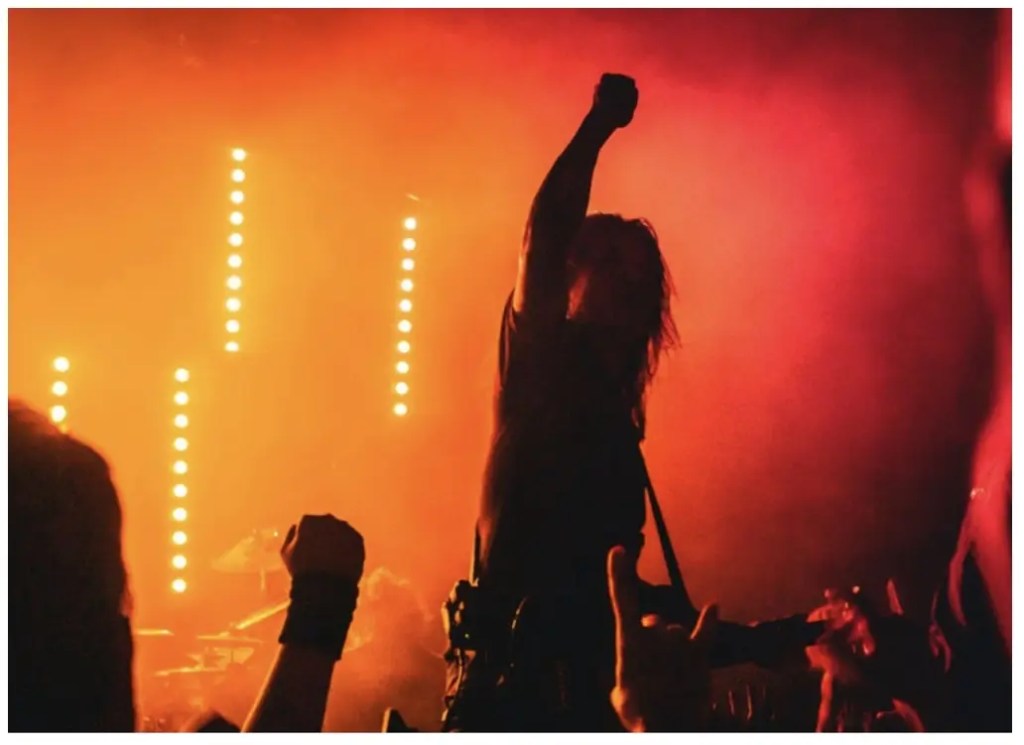 Guitarist celebrating on stage, representing creative content engagement in a digital solution context.