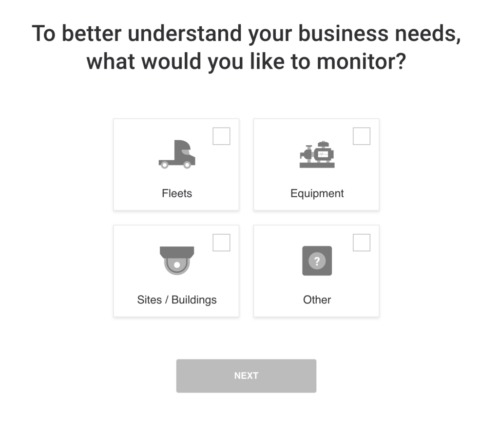Digital solution form for selecting monitoring options: Fleets, Equipment, Sites/Buildings, or Other with Next button.