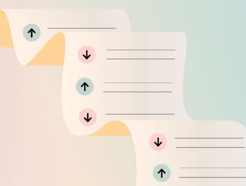 Curved lists with up and down arrows illustrating content workflow for a digital solution dashboard.