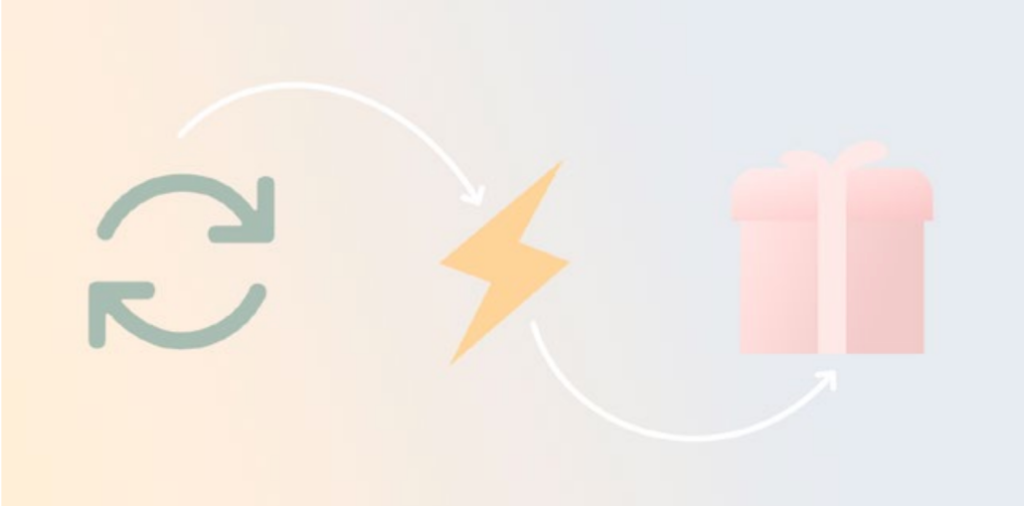Curved arrows, lightning bolt, and gift box illustrating digital solution content integration workflow.