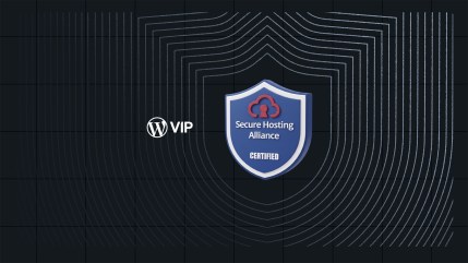 WordPress VIP logo and Secure Hosting Alliance certification badge on a dark background with curved white lines.