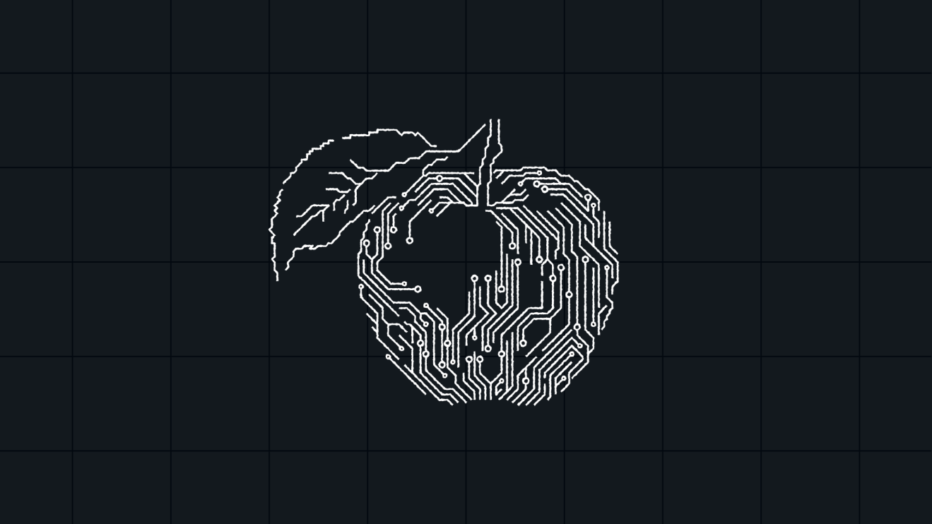 White outline of an apple with a leaf, filled with electronic circuit patterns, on a dark grid background, showcasing AI ‘Marketing Recipes’.