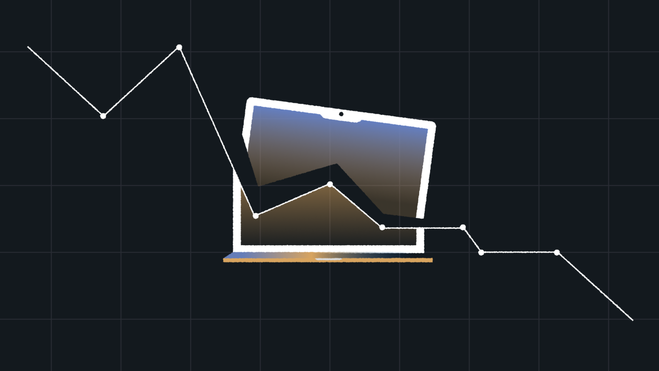 A stylized line graph showing a steep downward trend, integrated with a tilted laptop illustration at the center. The graph line passes through the laptop screen, emphasizing a decline in performance or metrics. The background is a dark grid, and the color palette features gradients of gold, blue, and black.