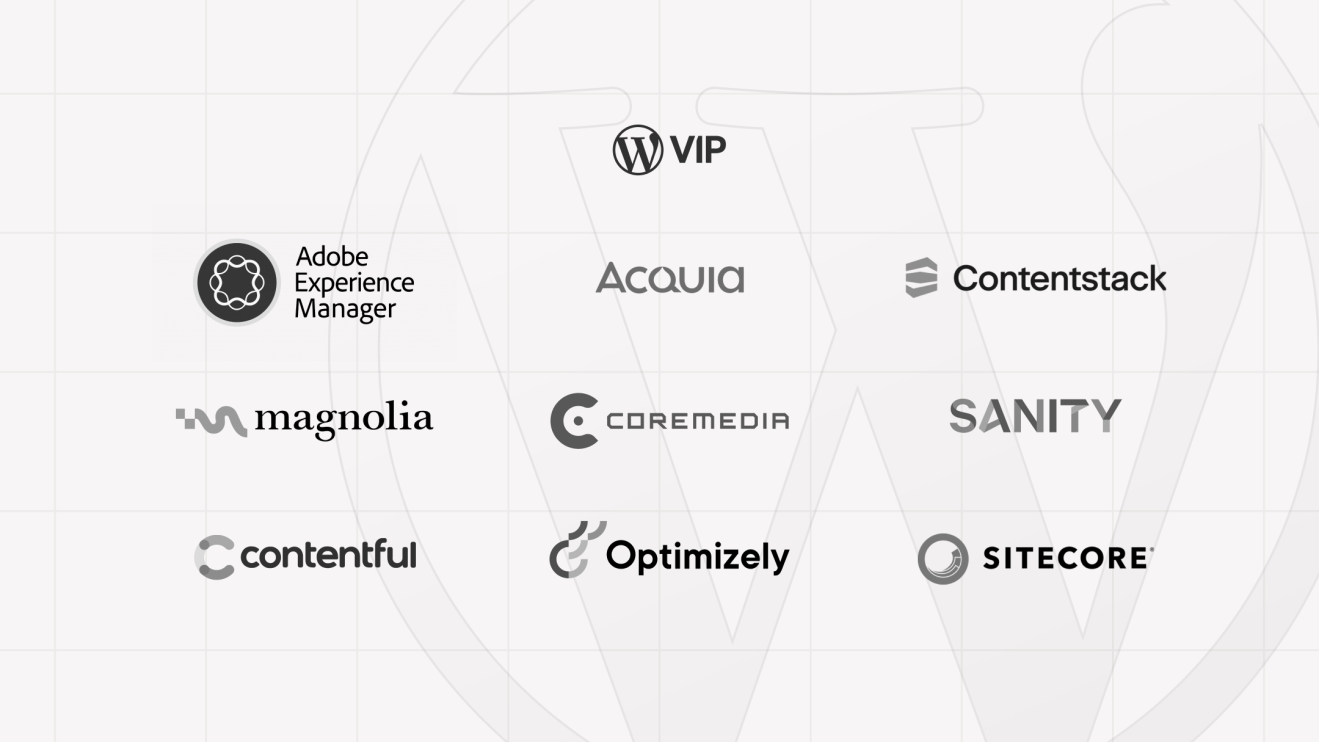 Logos of various best enterprise CMS platforms, including WordPress VIP, Adobe Experience Manager, Acquia, and others.