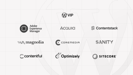 Logos of various best enterprise CMS platforms, including WordPress VIP, Adobe Experience Manager, Acquia, and others.