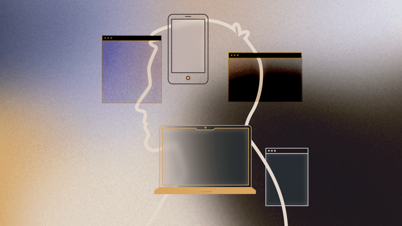 Head outline with overlapping device and browser icons representing digital solution dashboard integration.