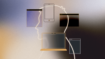 Head outline with overlapping device and browser icons representing digital solution dashboard integration.