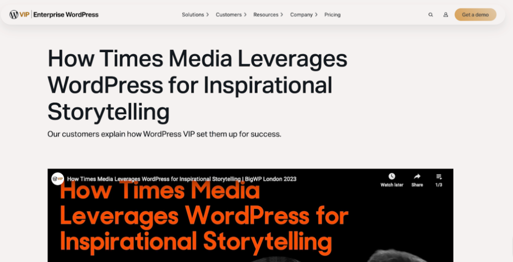 Screenshot of an article and YouTube video titled "How Times Media Leverages WordPress for Inspirational Storytelling."