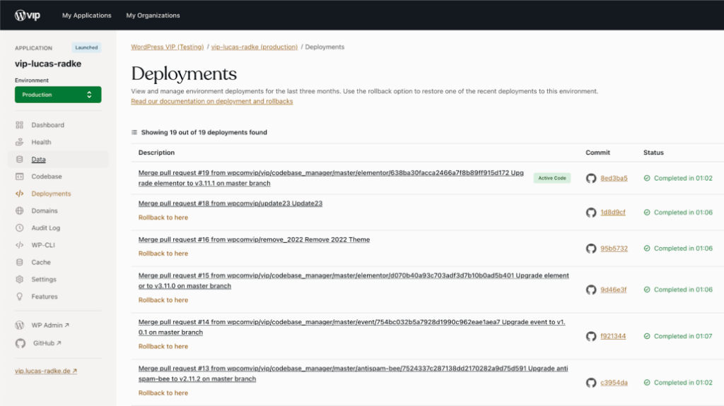 Deployments page in WordPress VIP dashboard
