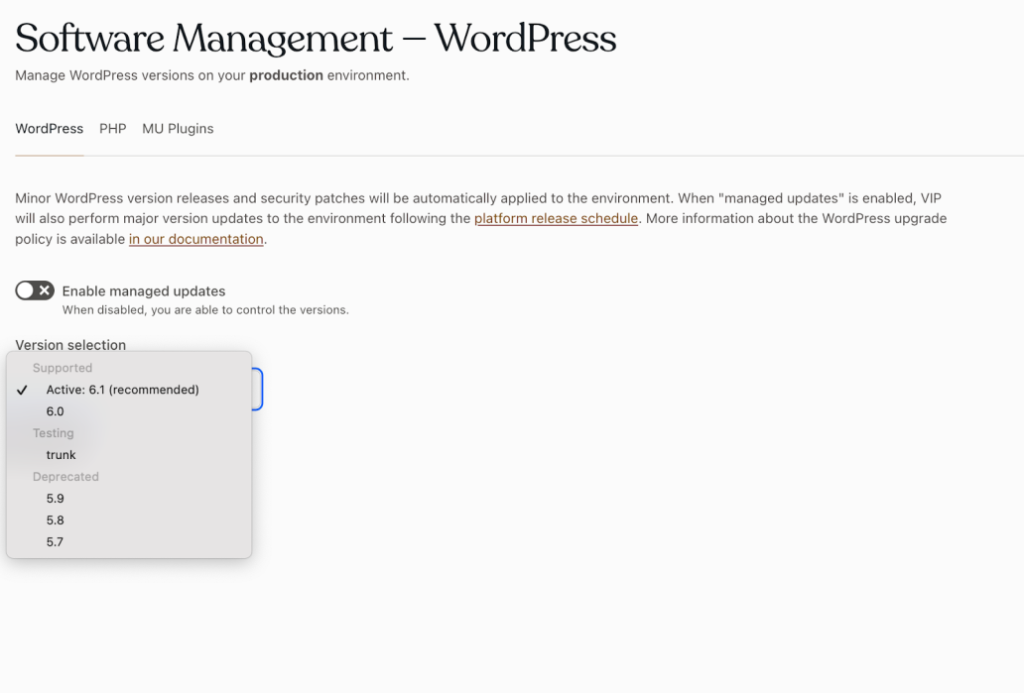 Software Management page in WordPress VIP dashboard