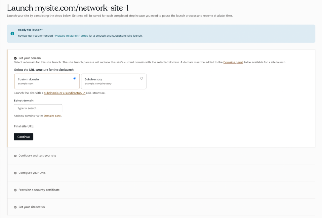 Launch network site page in WordPress VIP dashboard