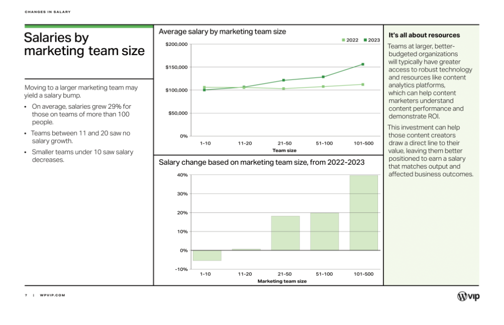 Chart displaying average marketing team salary growth by team size from 2022–2023 for a digital solution analytics dashboard.