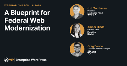 Webinar promo for federal web modernization featuring speakers, highlighting digital solution publishing and governance.