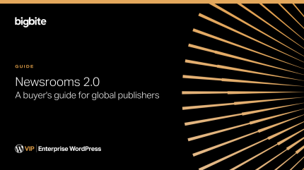 Newsrooms 2.0 buyers guide cover for global publishers, featuring WordPress VIP and digital publishing solutions.