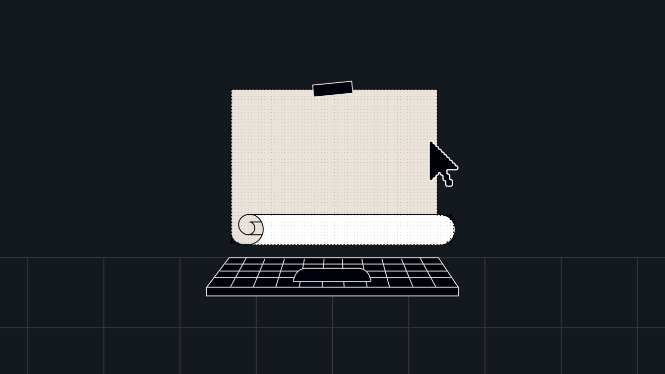 Illustration of a computer with a blank scroll of paper taped to the screen and a pixelated cursor hovering over it, symbolizing a fresh start or open potential. Title reference: “What If Media Companies Could Approach Product-Led Growth Like a Blank Page?”