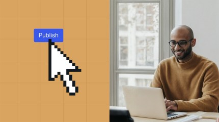 Split-screen: a cursor clicks Publish in an AI CMS, while a smiling man in glasses works on a laptop by a window.