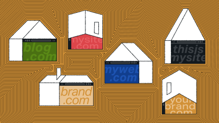 Six house-shaped outlines with colored website URLs representing digital solution integration or site management.