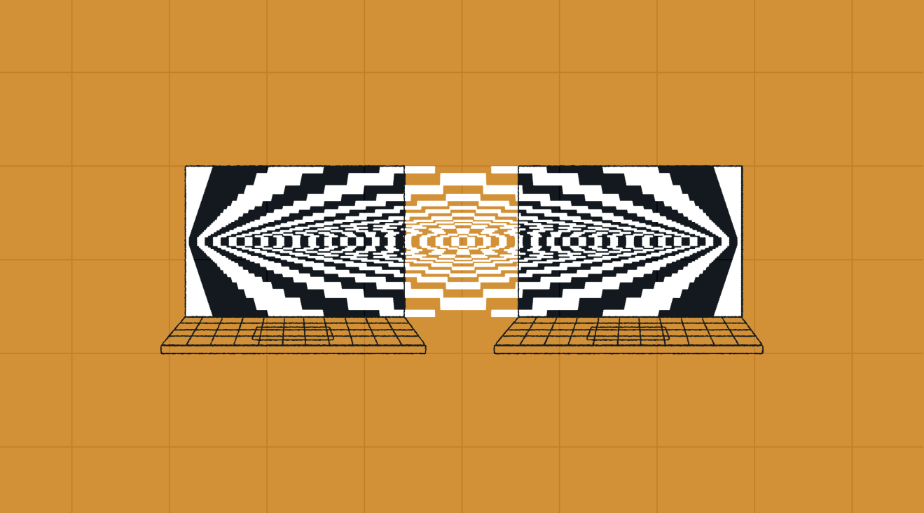 Illustration of two laptops facing each other, their screens connected by a mirrored, abstract pattern that suggests data flow and integration, representing a hybrid CMS approach.
