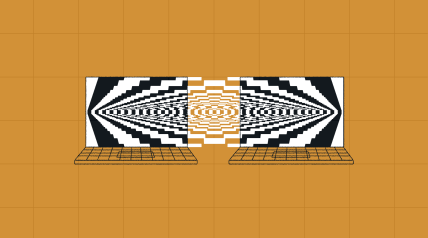Illustration of two laptops facing each other, their screens connected by a mirrored, abstract pattern that suggests data flow and integration, representing a hybrid CMS approach.