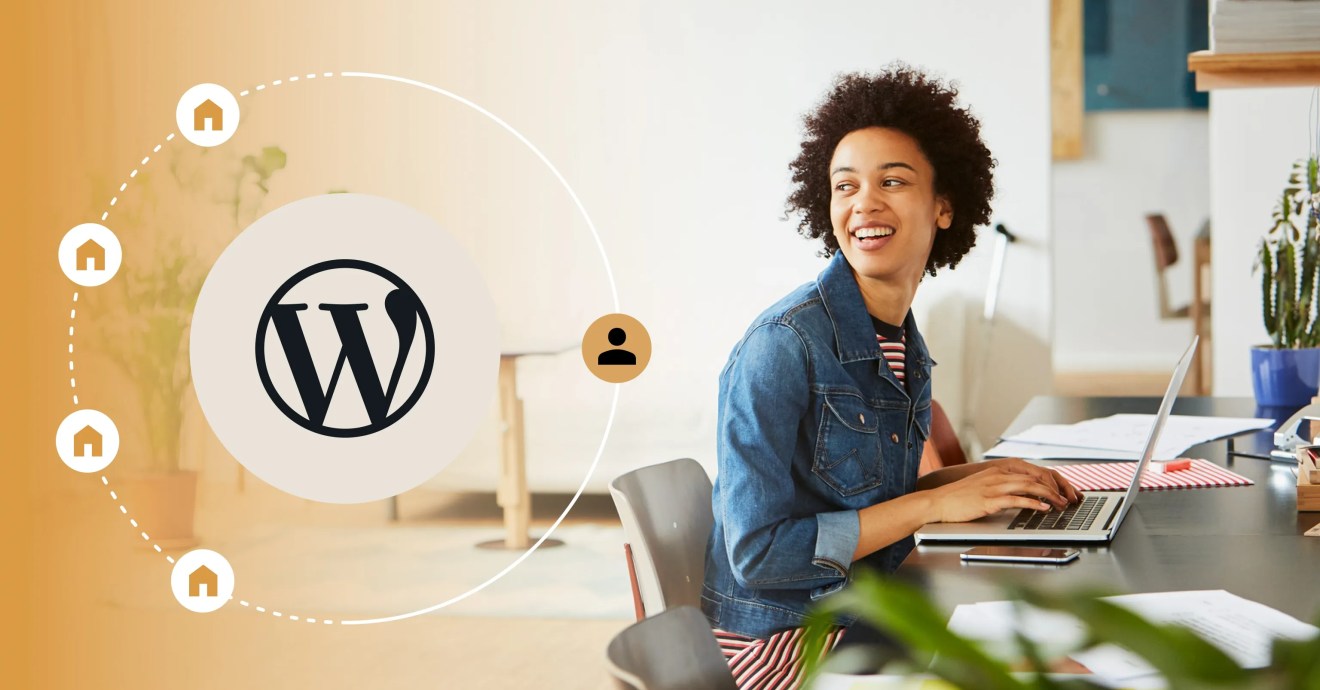Woman at laptop interacting with WordPress dashboard, WordPress logo and home icons overlayed.