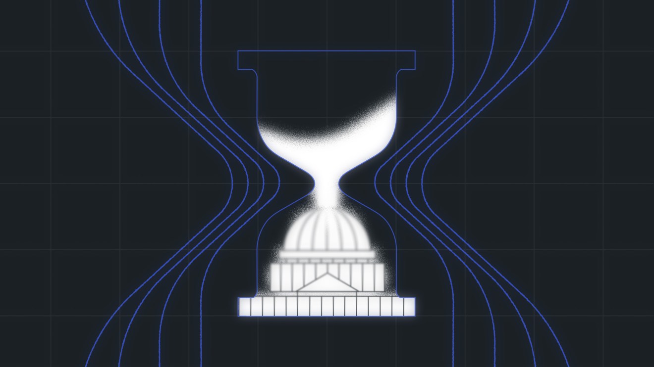 Illustration of an hourglass with sand flowing into the shape of a government building, symbolizing the countdown to accessibility compliance deadlines.