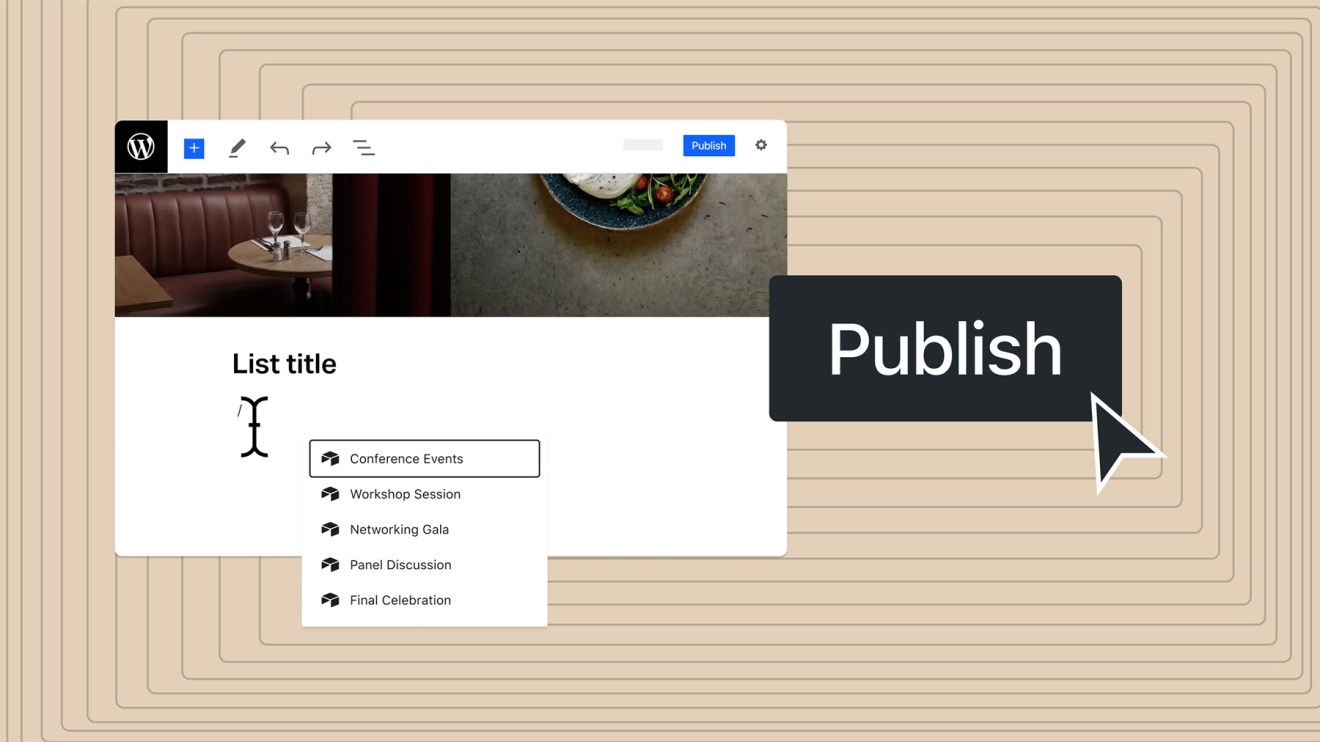 WordPress editor showing event list and a large “Publish” button.