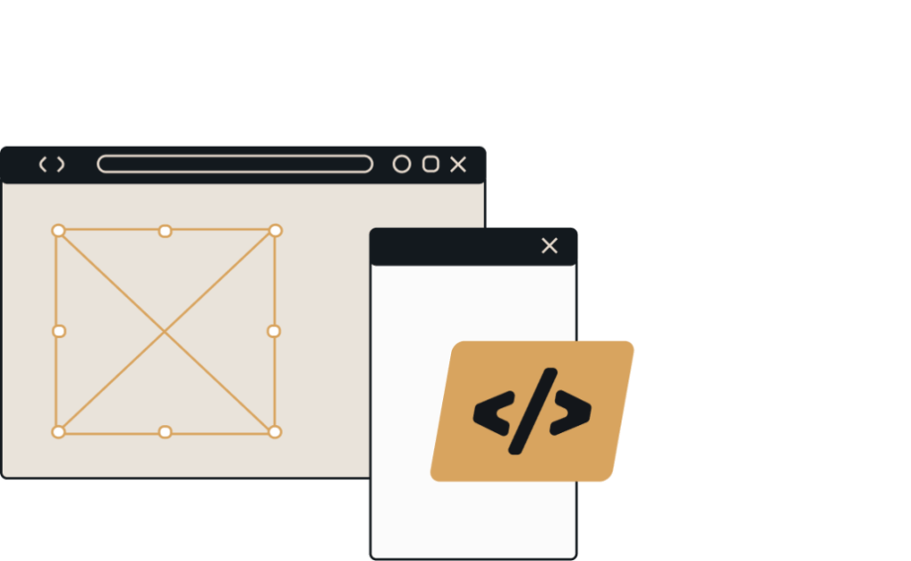 A browser window and mobile screen with coding and layout elements, representing web or app development.