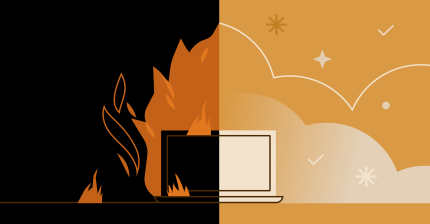 A laptop on fire on one side, contrasting with a well-functioning laptop on the other, under a cloudy sky.