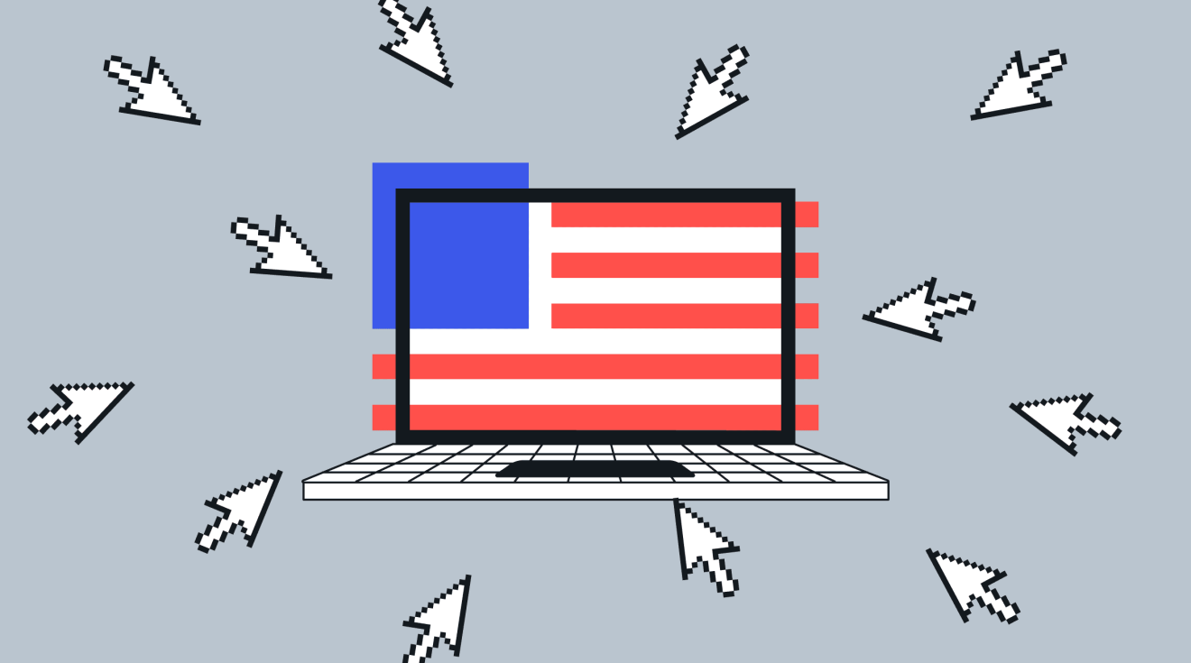 Laptop showing stylized American flag, illustrating digital solution content integration and governance.