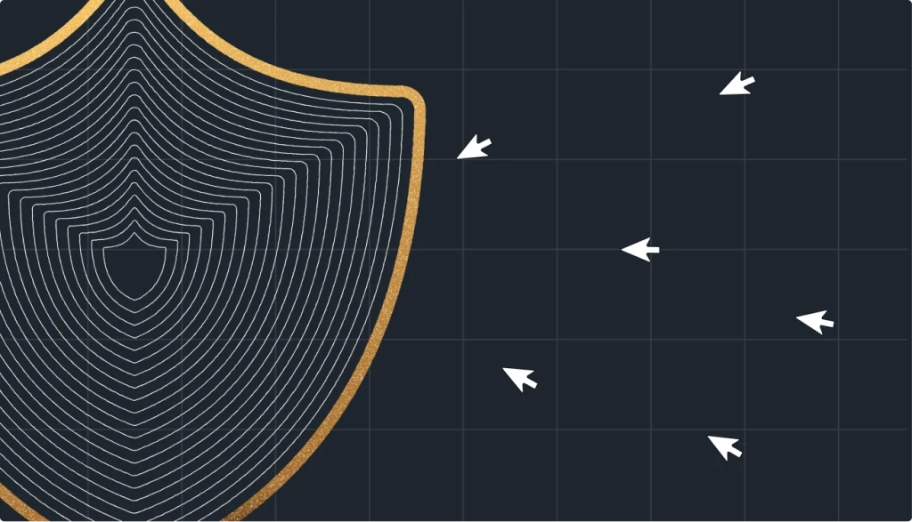 Shield formed by layered contour lines with arrows directed toward it, illustrating reduced operational risk through enterprise security, governance, and compliance controls.