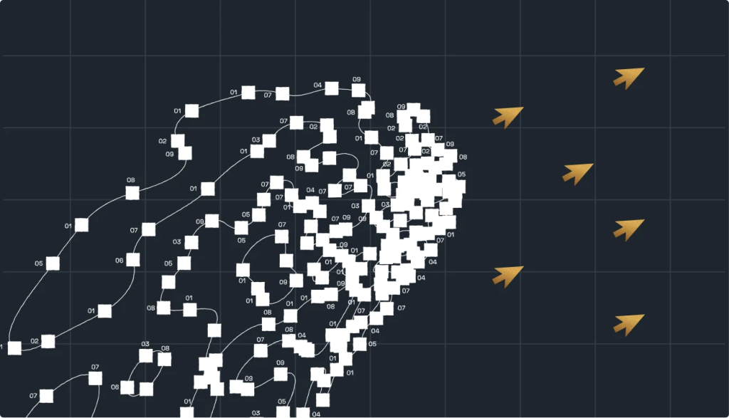 Head-shaped network diagram made of connected nodes, pathways, and data points, with arrows moving forward across the screen.