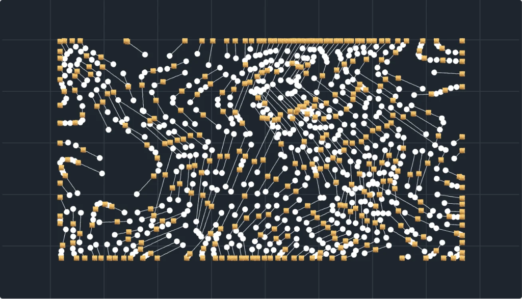 Large diagram of hundreds of connected nodes linked by intersecting paths, forming a complex system network.