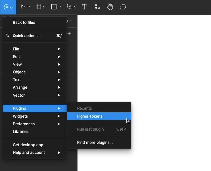 Cursor selecting Figma Tokens plugin in a digital solution integration dashboard.